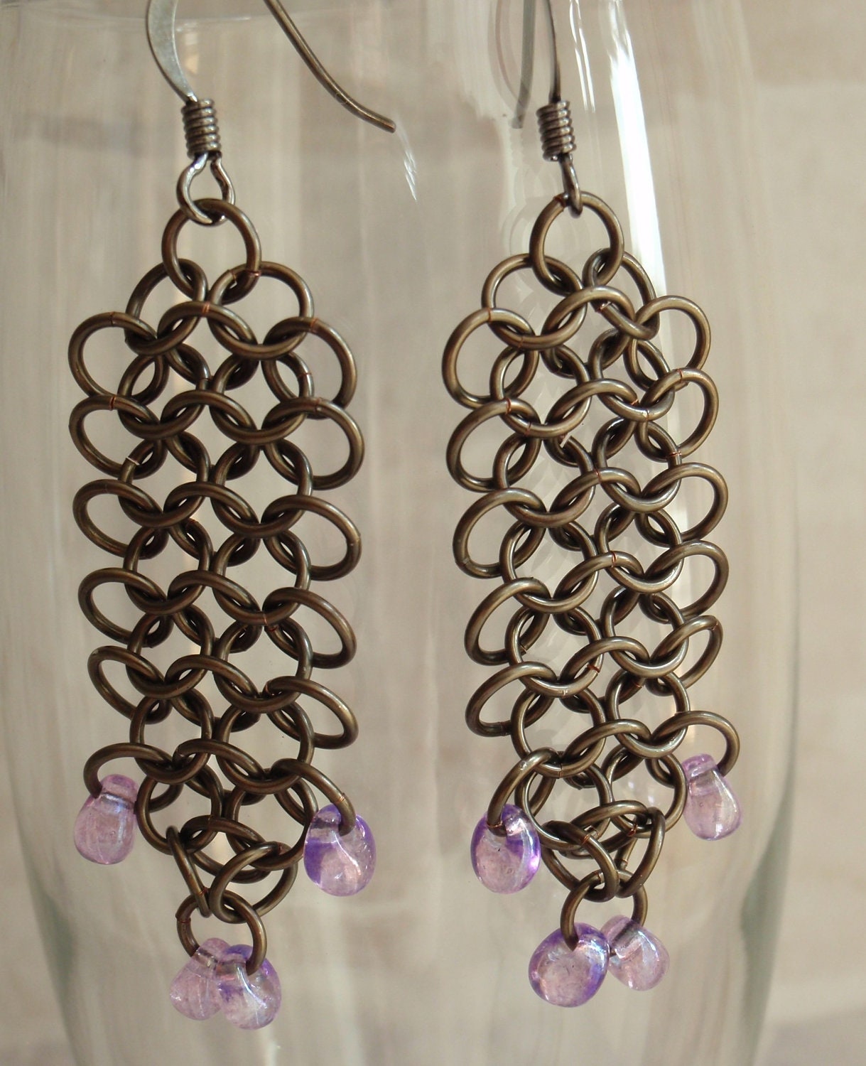 Chain Maille Earrings Euro 4 in 1 Dangle Gunmetal Purple Beads