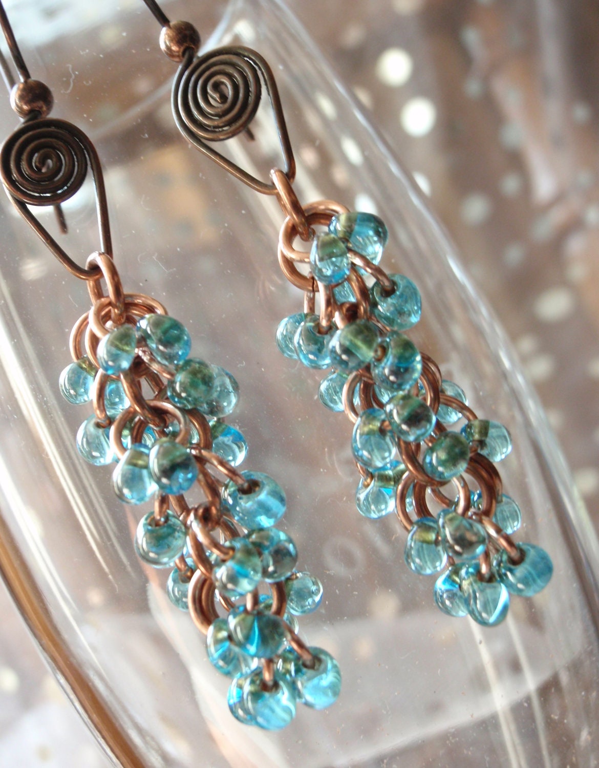 Copper Beaded Earrings Blue Green Fancy Scroll Ear Wires