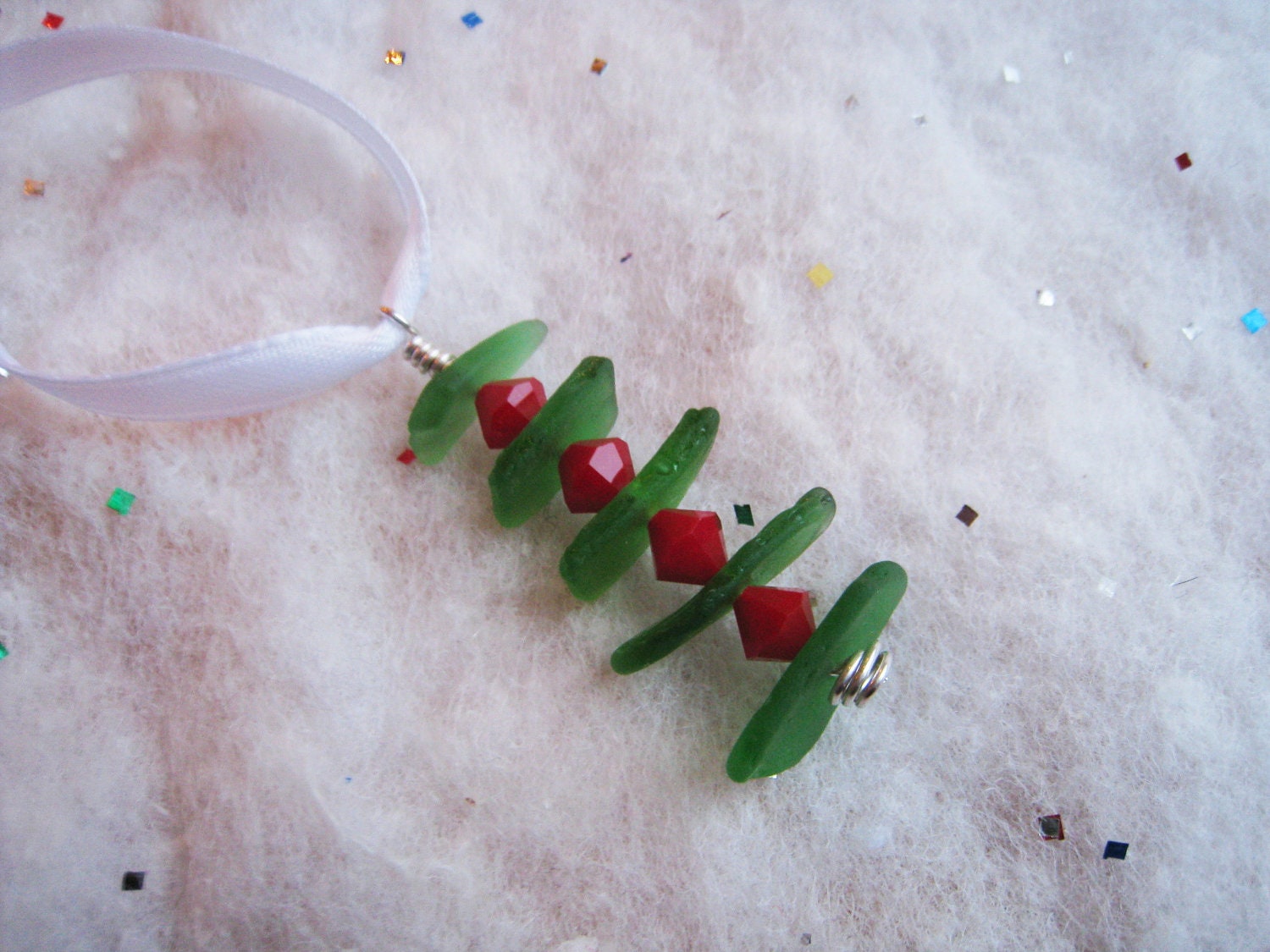 SURF TUMBLED Green Seaglass Abstract Christmas Tree Ornament - with Red Swarovski Crystals - HOLLY