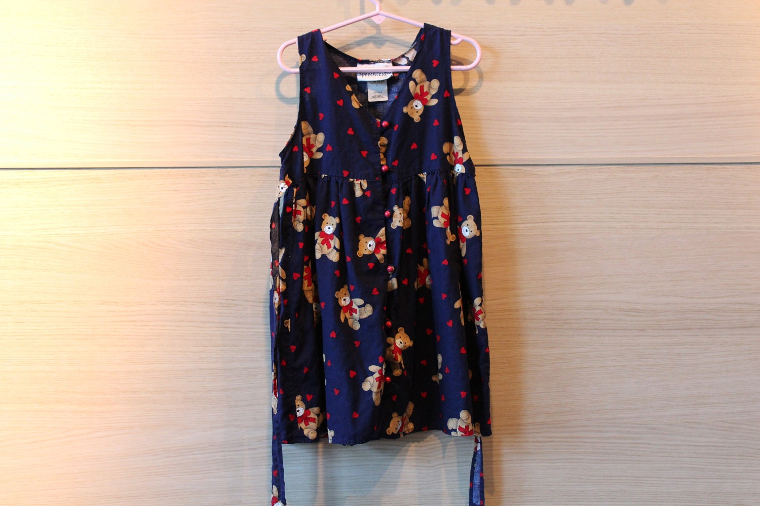 Vintage children's sleeveless teddy bears and hearts babydoll dress, girls' 6 years