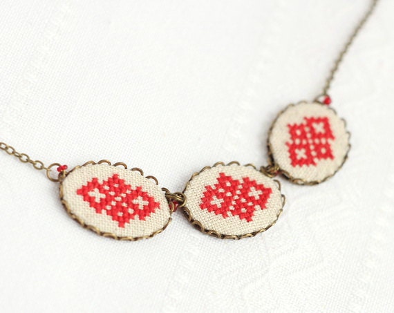 Cross stitch jewelry - Necklace with ethnic Ukrainian embroidery in bronze
