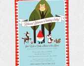 Printable Baby Shower Invitation, Woodland Animals Creatures Gnome, Forest, Deer, Owl, Squirrel, Fox, DIY digital gingham