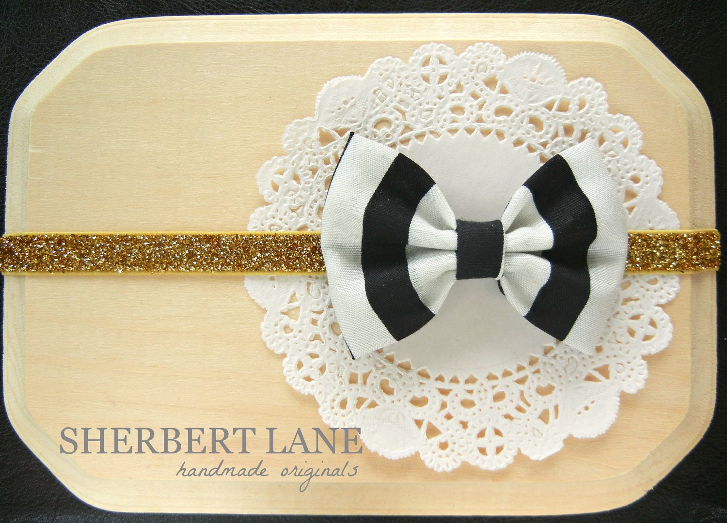 Baby Fabric Bow Headband - Black and White Striped Fabric Bow - Gold Glitter Elastic