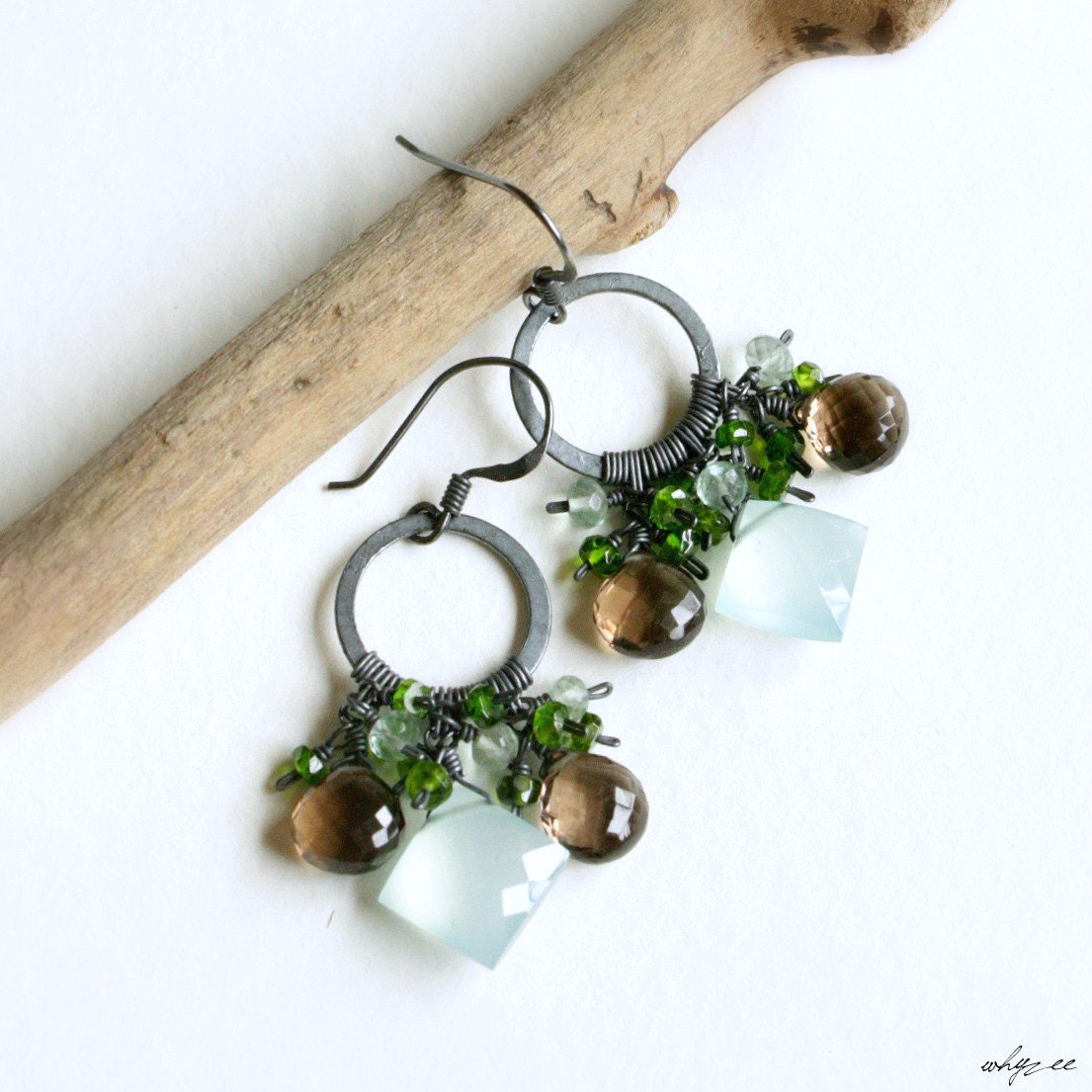 FOREST - aqua blue chalcedony smoky topaz black silver chandelier earrings