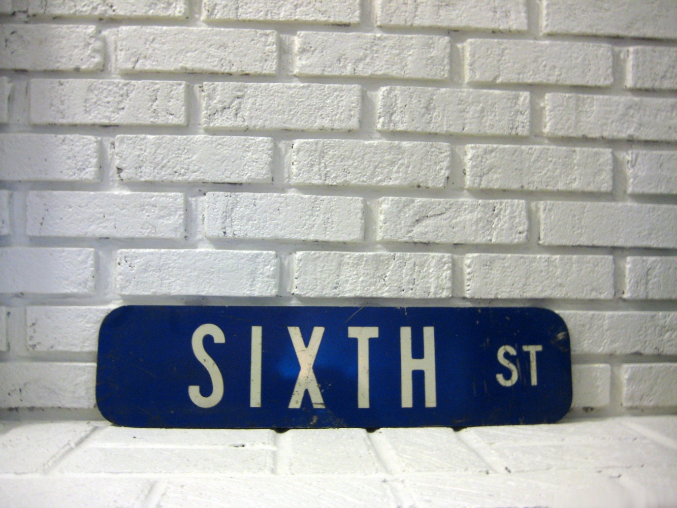 Vintage Sixth Street Road Sign, Monaco Blue, White, 6th St, Large Metal Wall Hanging, Double Sided, Reflective, Number 6 Industrial Salvage