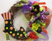 Halloween wreath mesh ribbon painted polka dot zebra stripe witch witch's witches boot black lime green purple orange door decor