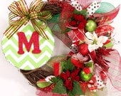 Christmas wreath mongram chevron ornament initial letter deco mesh ribbon whimsical Holiday red lime green door decor decoration hanging