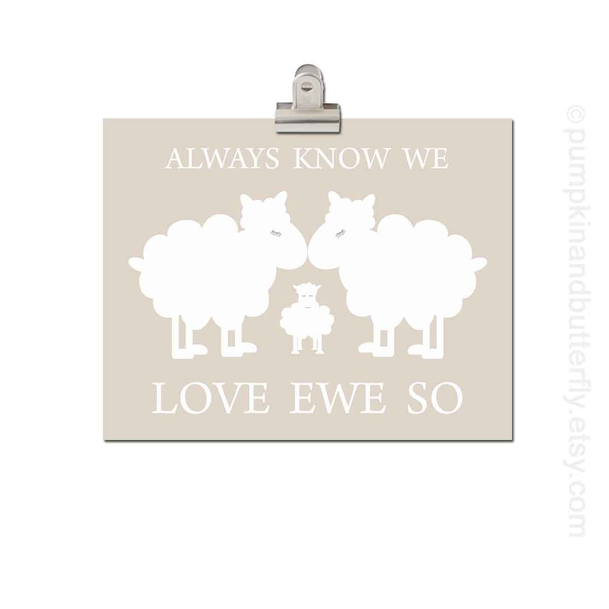 Kids Wall Art - Childrens Art Print Poster, 8x10 Print, Lamb, Ewe, Sheep, Neutral, Khaki, Cream, Unisex,  Love Ewe So, Gender Neutral