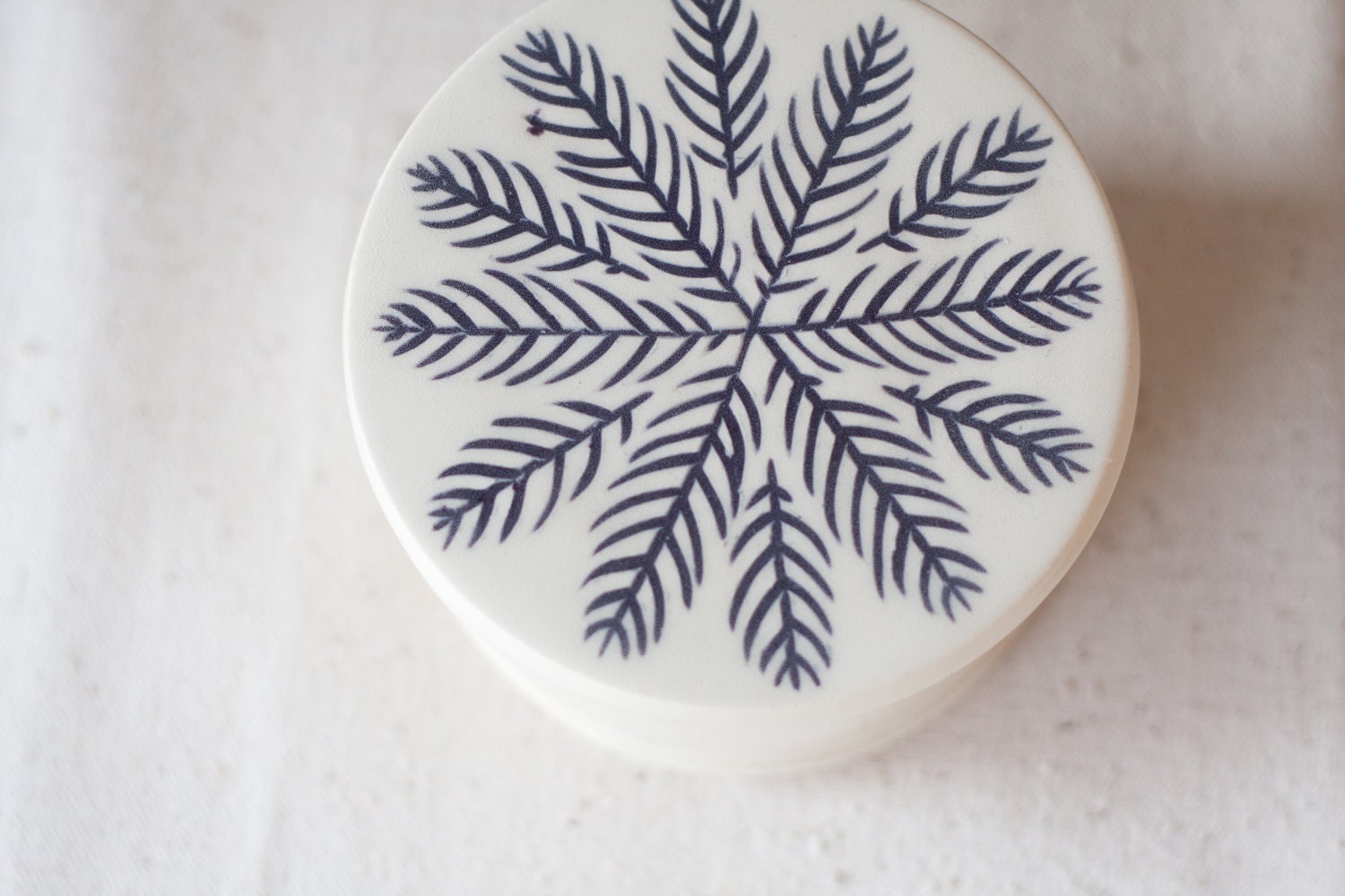 Ceramic French Butter Dish Hand carved Feather Design White Cream Pottery