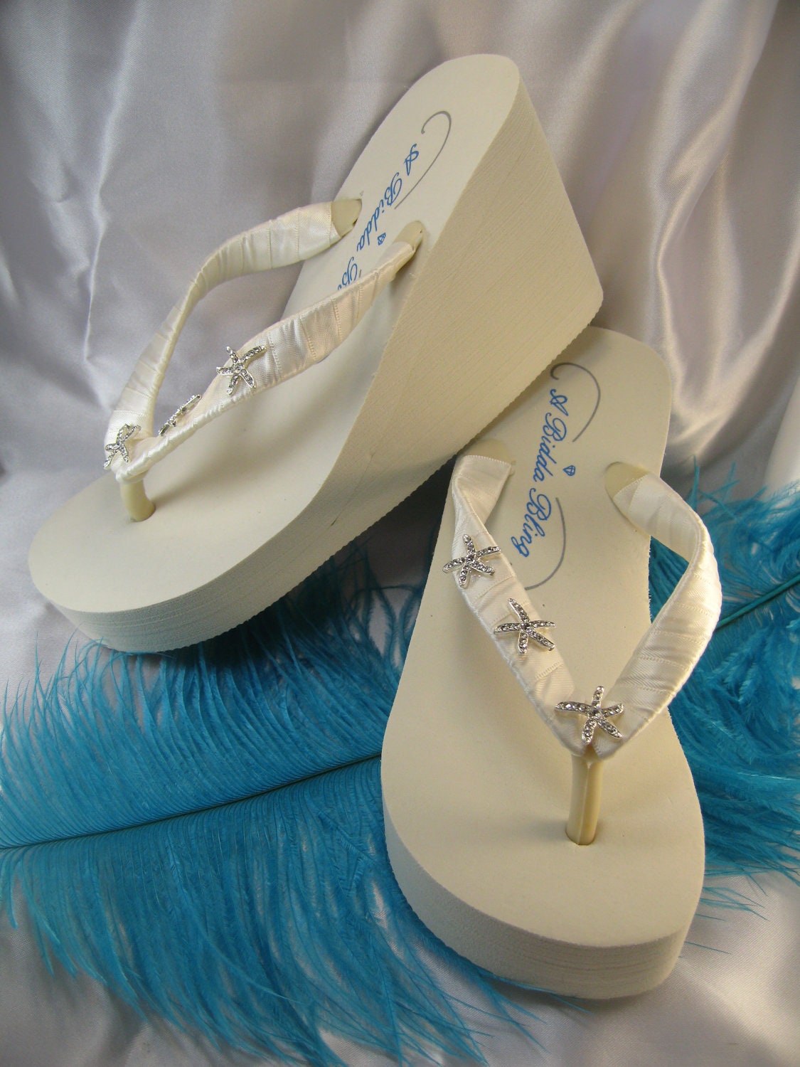 Ivory Wedge Flip Flops Rhinestone Starfish Flip Flops for the Bride and her Bridesmaids