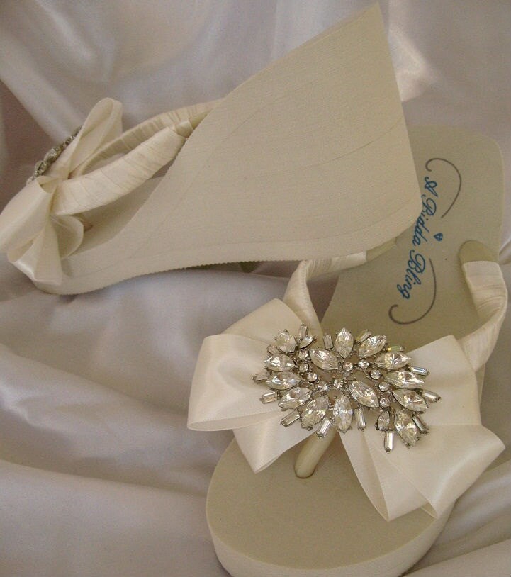 Ivory Flip Flops or White Flip Flop Crystal Sandals by ABiddaBling