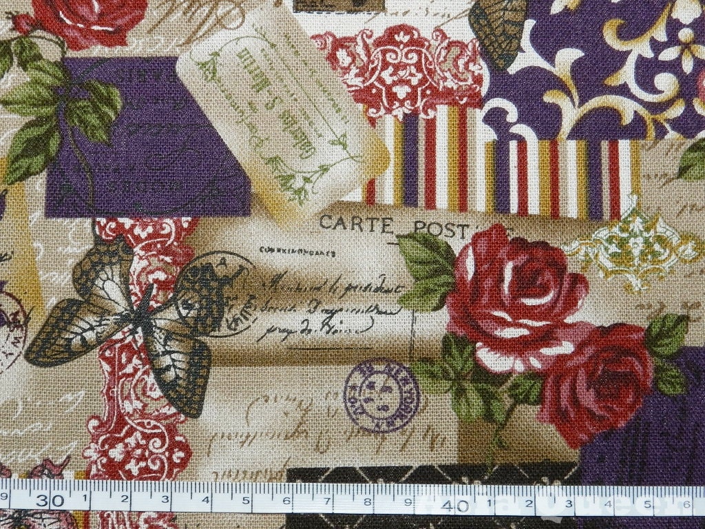 England vintage rose news cover -purple (red rose)- 1 yard - cotton linen