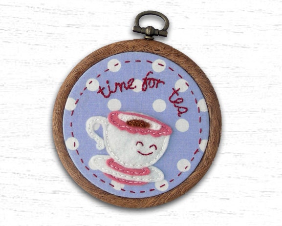 Embroidery Hoop Art - English Tea Time - Felt Tea Cup & Saucer Embroidery - 3 inch