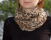 Cream Beige Camel Brown Black Leopard Printed Cotton - Cashmere Loose Infinity Scarf , Shawl , Neckwarmer - Myvera