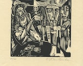 Dreamer, Original Linocut on Oriental Paper, Figurative, Wine, Hat, Bird, Cityscape, Moonlight
