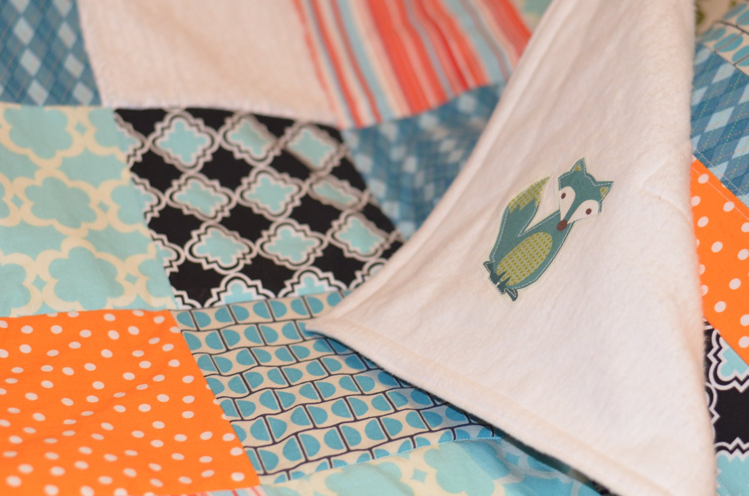 Sly Fox - Large Patchwork Baby Blanket / Quilt You Pick Colors, Fabrics and Theme -  Aqua, Orange, Teal and White Fox