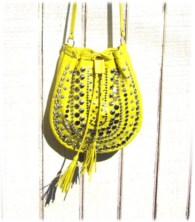 Bright yellow lamb skin studded cross body purse