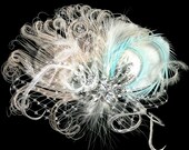 Bridal Feather Fascinator,  Crystal Brooch, Fascinator, Feather Fascinator, Bridal Headpiece, Bridal Veil, Tiffany Blue and Ivory