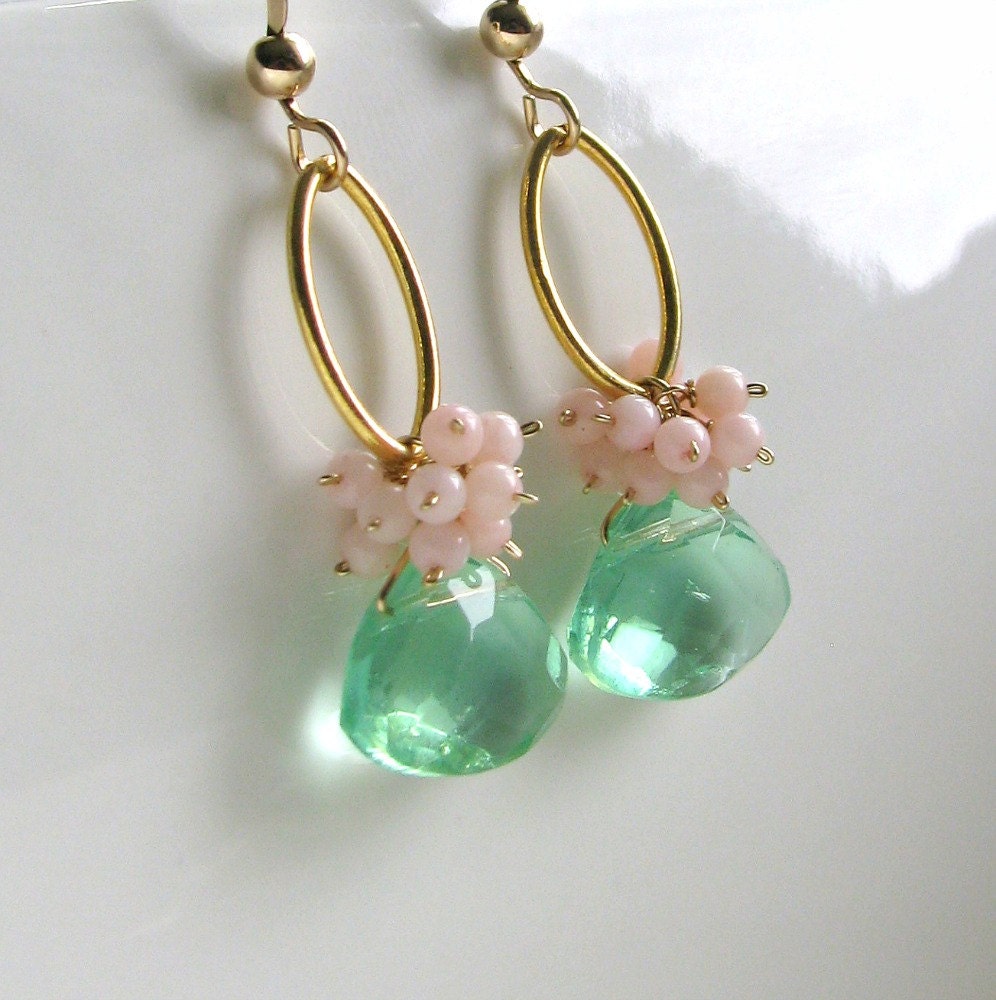 Pink Mint Green Earrings, Coral Dangle Earrings, Coral Cluster Drops, Pink Green Cluster Earrings