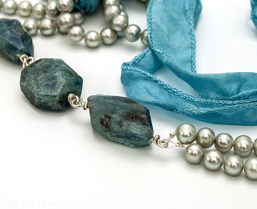 Pearl Necklace Pearl and Kyanite Necklace with Silk Tie Closure