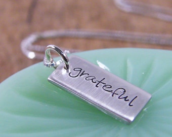 necklace hand stamped silver charm dog tag style grateful matte finish