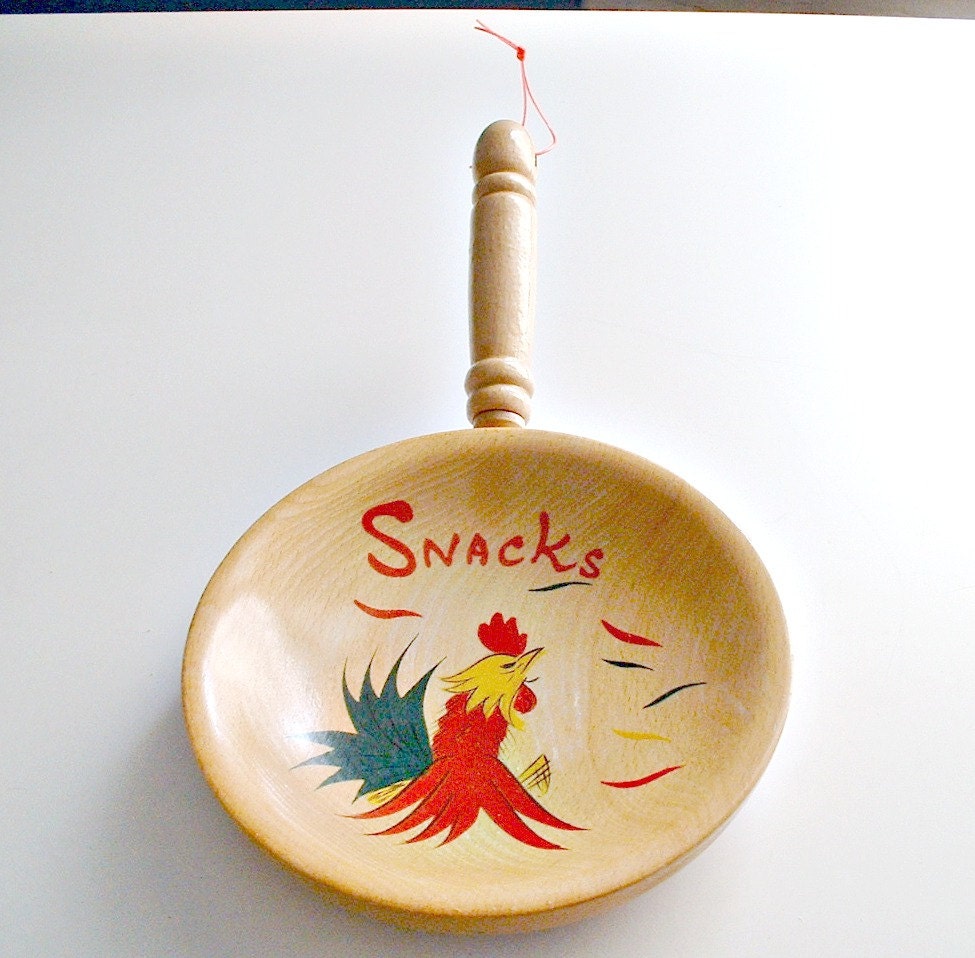 Vintage Rooster Bowl Tray Snacks Wood Dish  1960's Wall Hanging Made In Japan