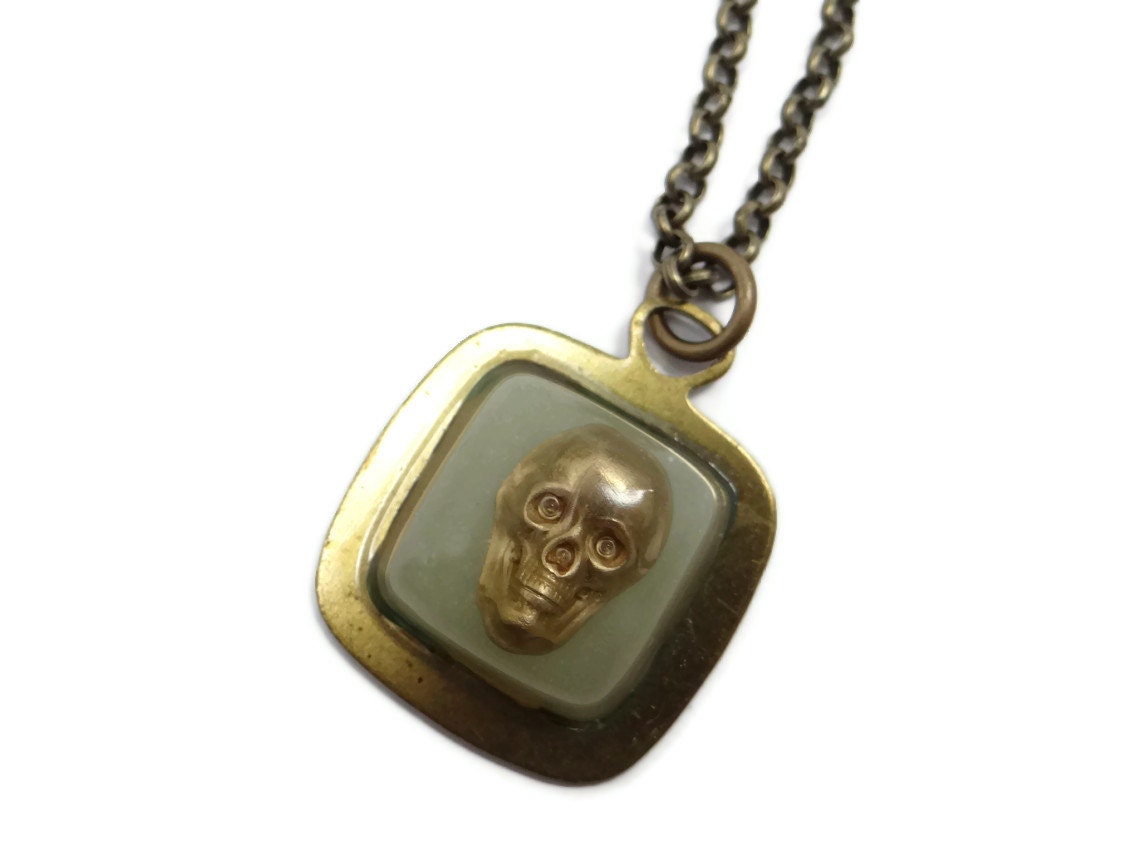 Gold Skull Glow in the Dark Necklace Damian's Ghost Glowing Skull in Gold Brass by Dr Brassy Steampunk