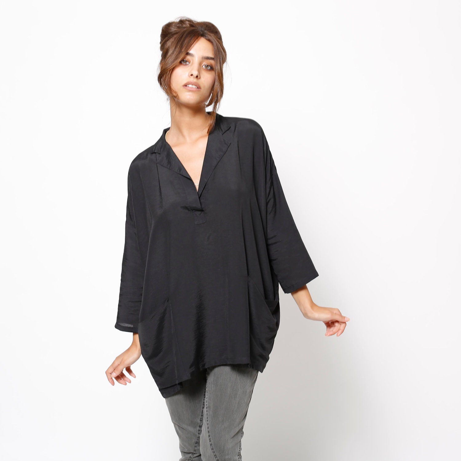Mother day sale Women black blouse, oversize shirt,  black top, 3/4 sleeves