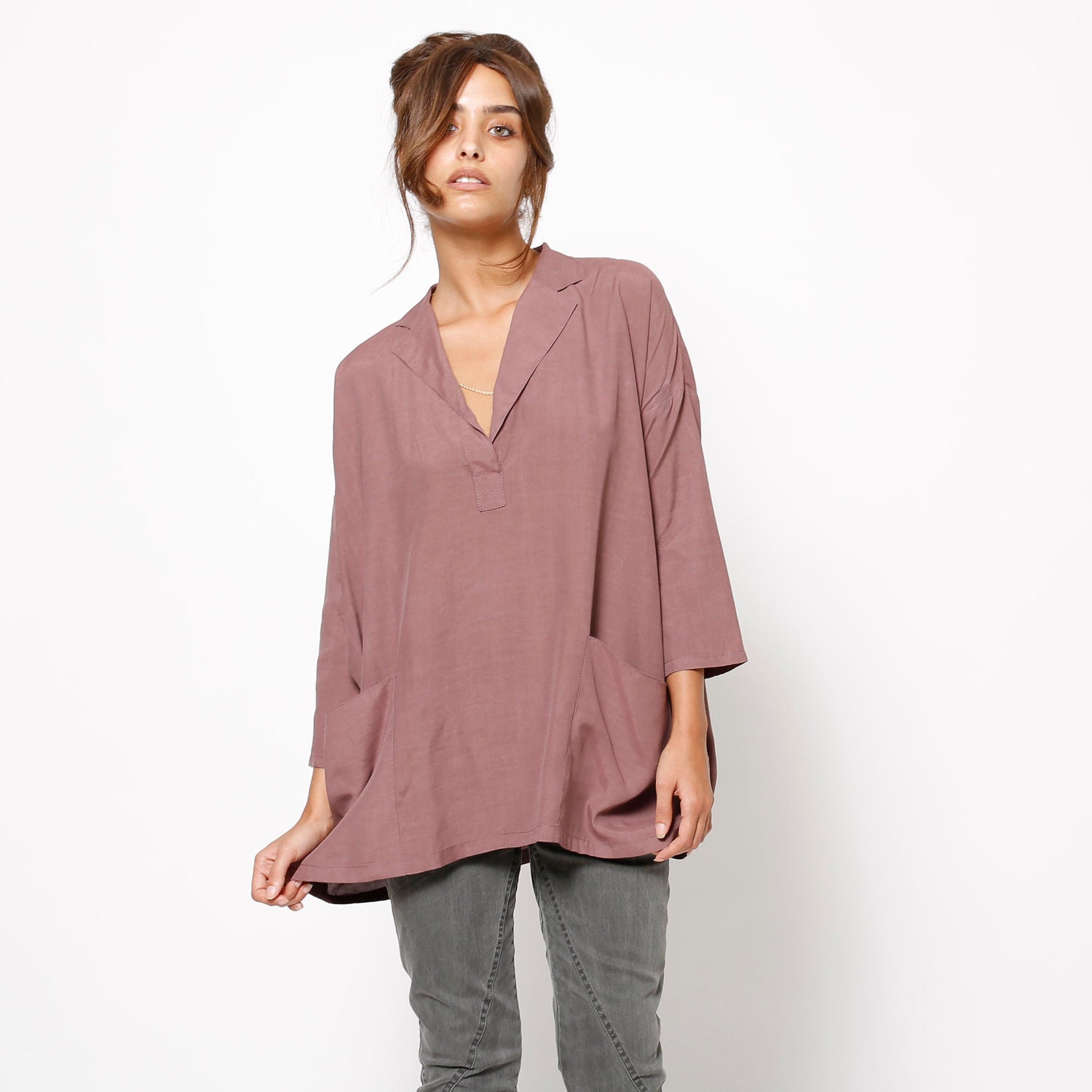 Women purple oversize blouse, light pink top, 3/4 sleeves - AndyVeEirn