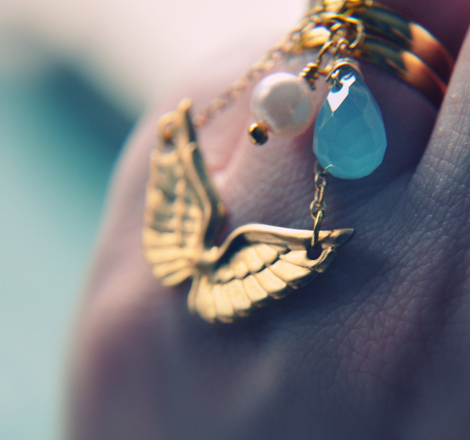 Angel Wings - Double Ring - Chain Linked Ring - Tear Drops From Heaven - Gold - Gift Wrapped