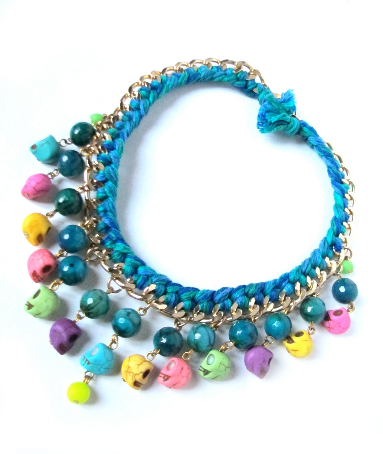 Woven Skulls Statement Necklace Blue