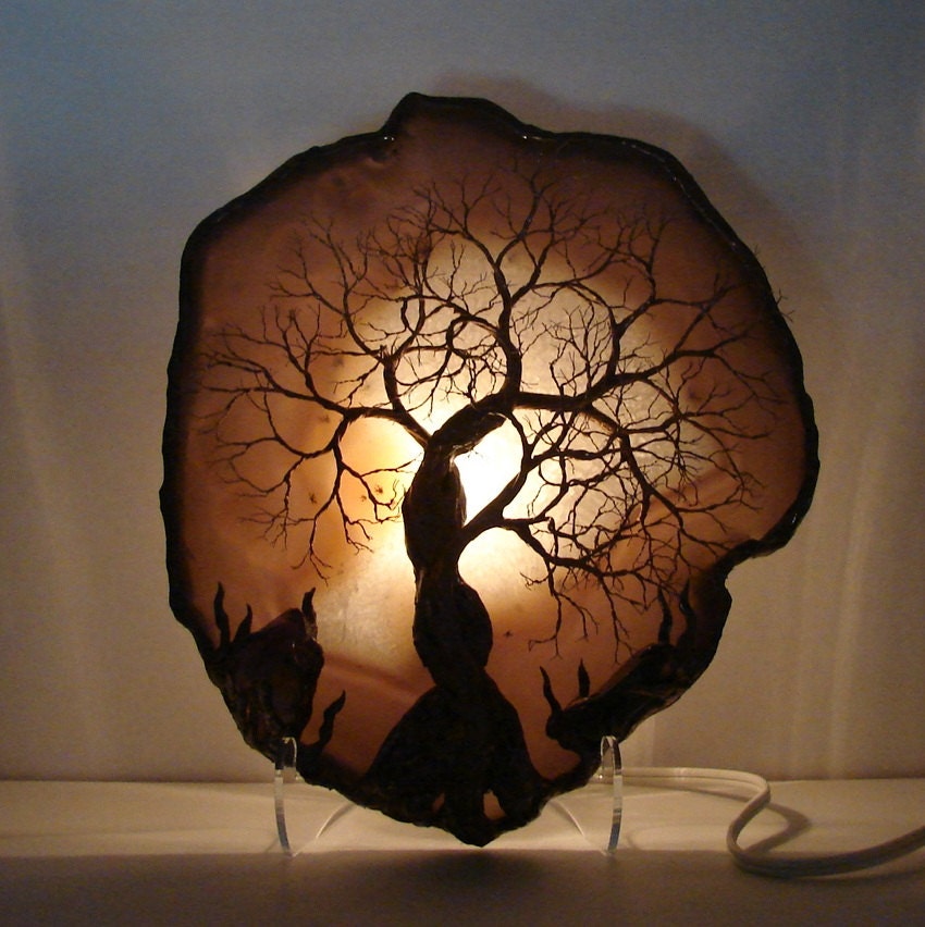 Tree Of Life Ancient Spirit sculpture Natural Brazil geode Agate slice, Amethyst and Citrine Crystals, Moss Agate LAMP, original Art  DACM2