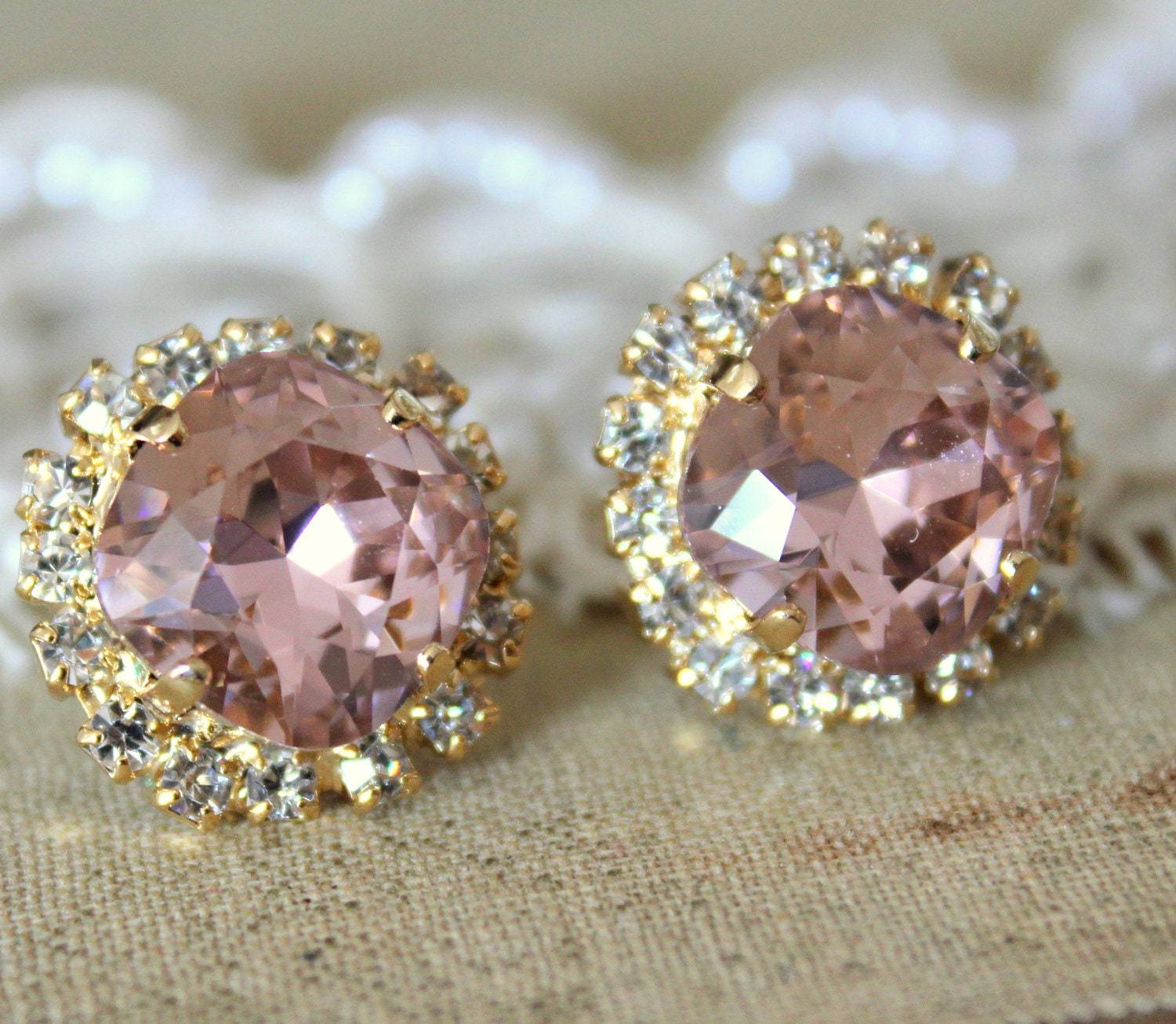Crystal stud big vintage pink earring - 14k plated gold post earrings real swarovski rhinestones .