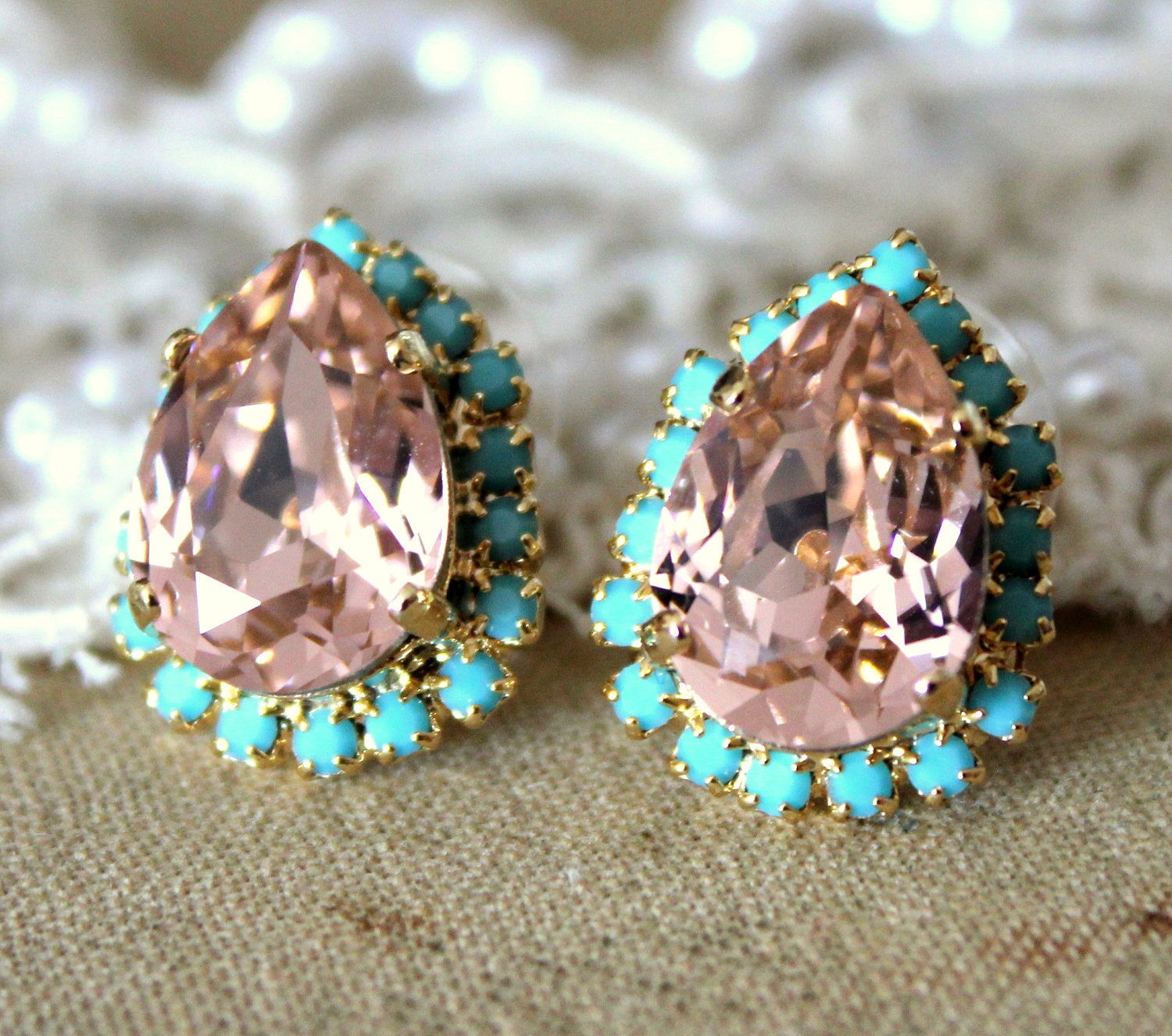 Pink Crystal big teardrop stud earring - 14k plated gold post earrings real turquoise swarovski rhinestones .