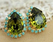 Green olive and  turquoise Crystal big teardrop stud earring - 14k plated gold post earrings real swarovski rhinestones .