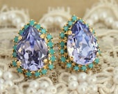 Blue topaz  turquoise Crystal big teardrop stud earring - 14k plated gold post earrings real swarovski rhinestones .