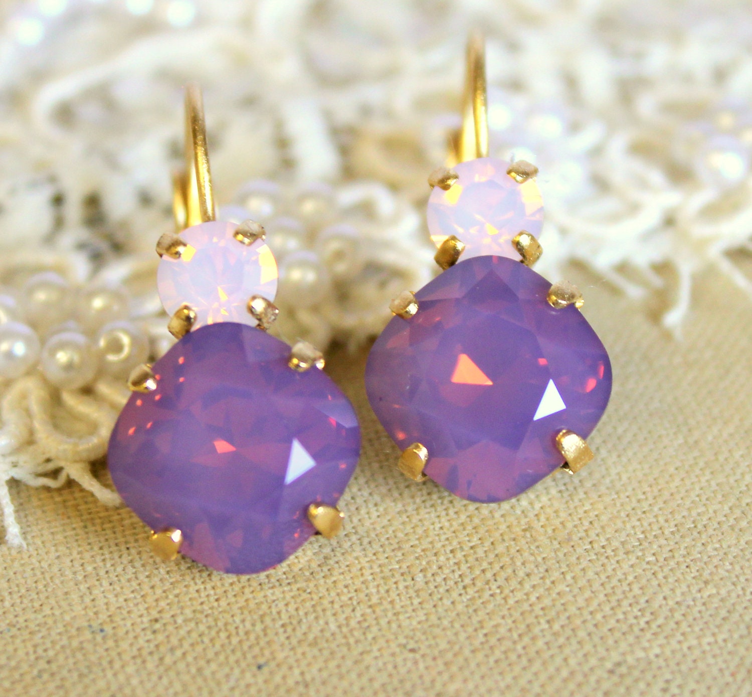 Purple and pink crystal earring -  classic earrings 14k plated gold real swarovski rhinestones .