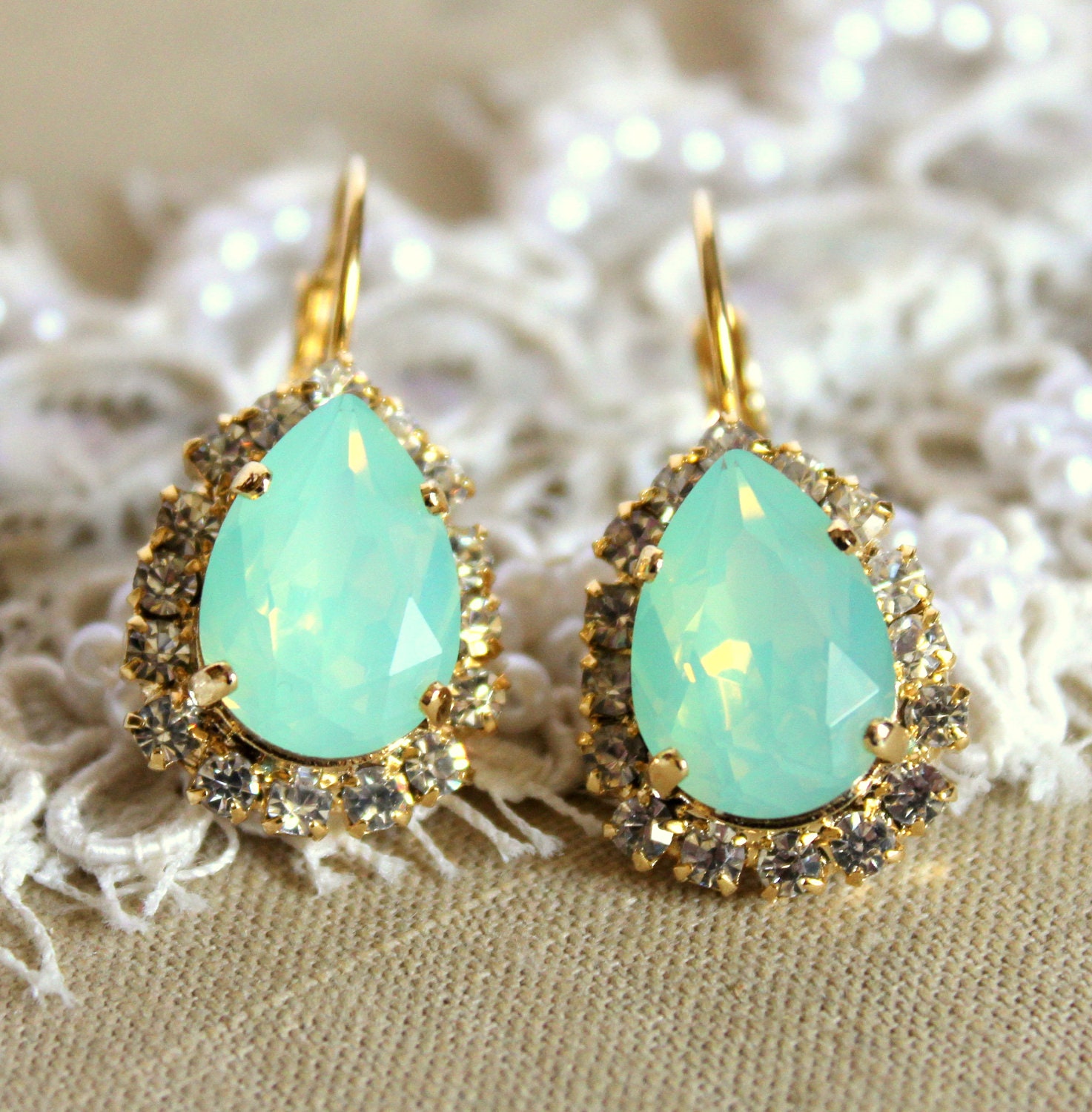 Crystal mint sea foam earring - 14k plated gold post earrings real swarovski rhinestones .
