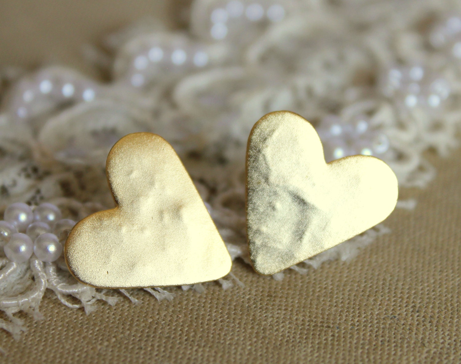 Gold stud heart earrings plated real gold - elegant 14k gold matte coated post earrings