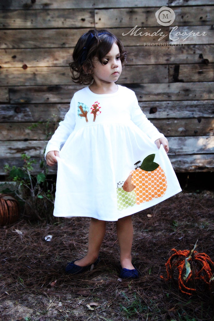 Fall Applique Dress - Toddler Dress or Girl's Dress-Pumpkin Applique -Choose Dress Color and Sleeve Length