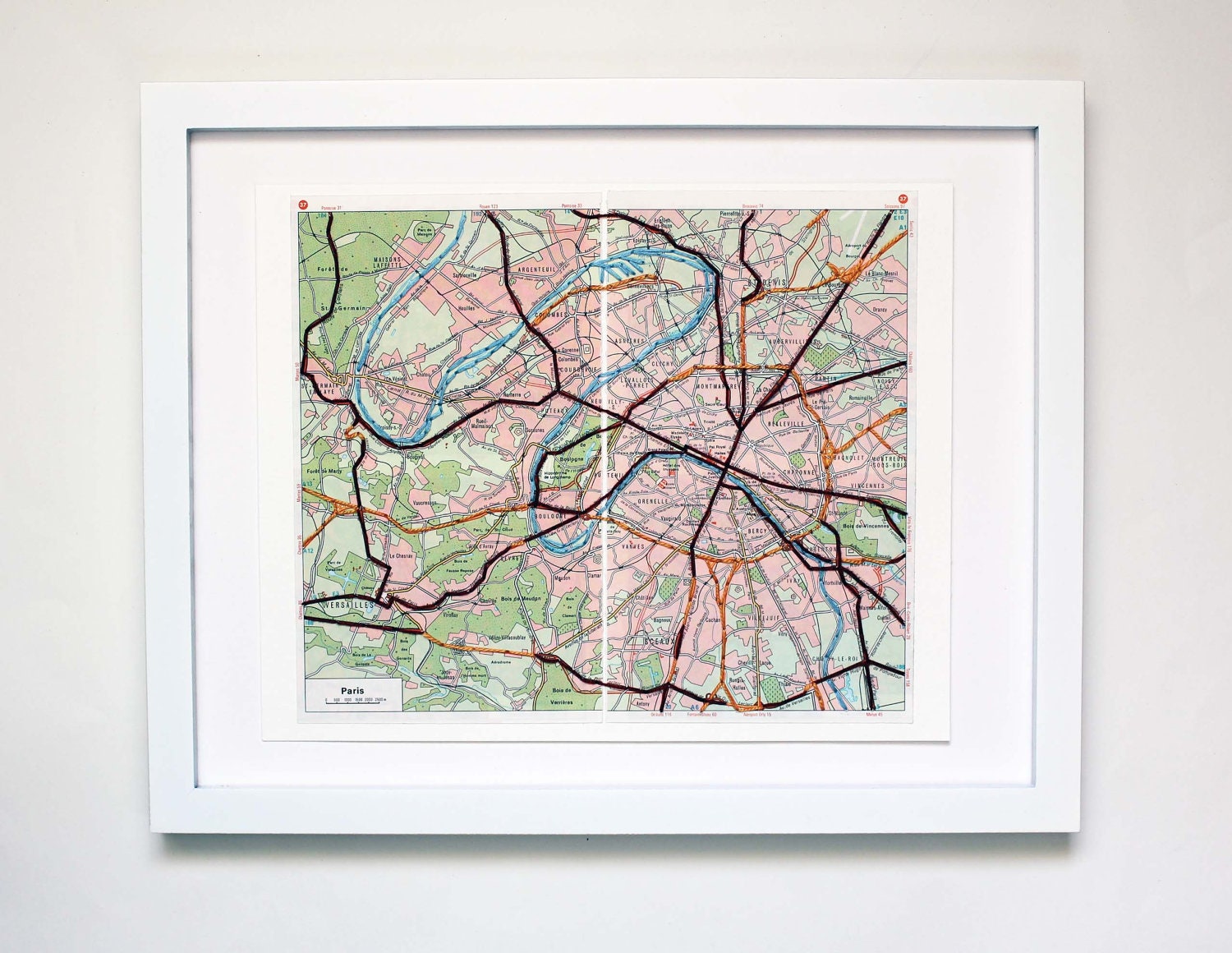 Map Art, Vintage Paris Map Embroidered