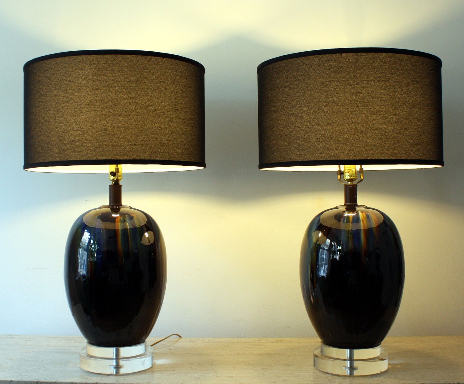 Pair of 1960s Flambe Porcelain and Lucite Table Lamps