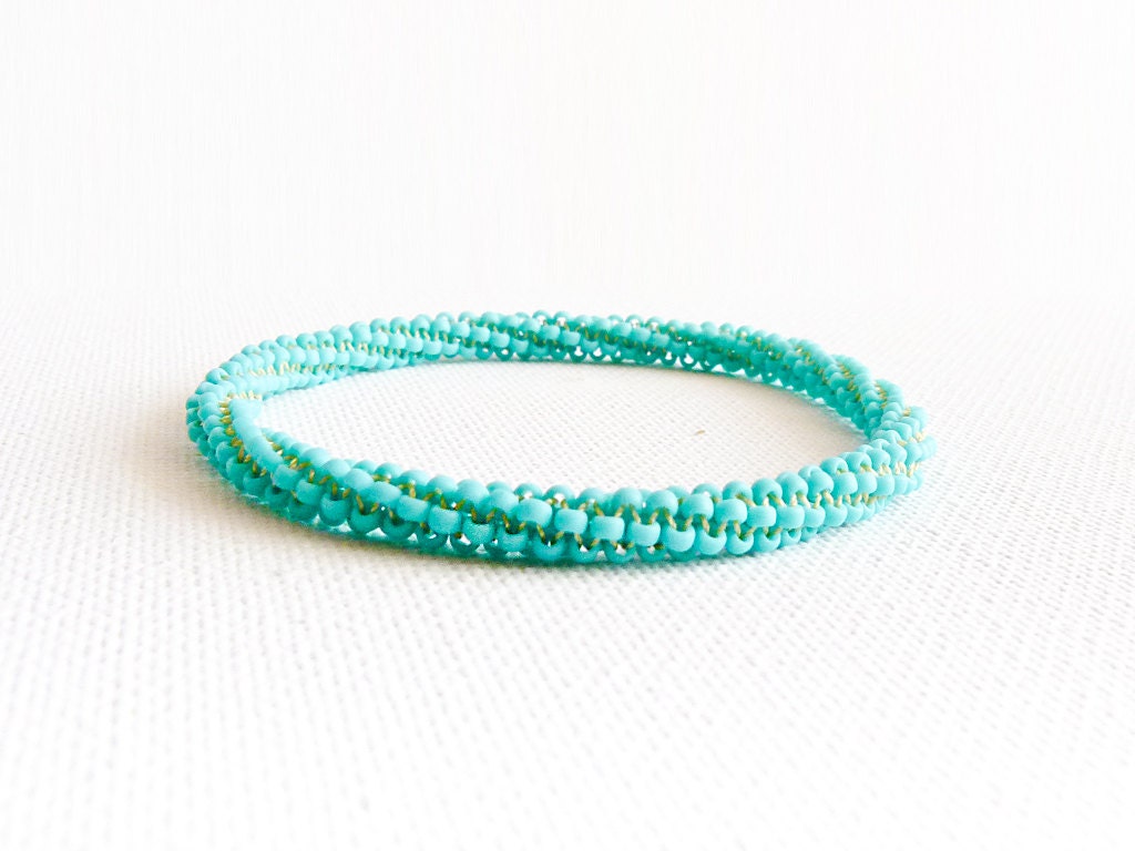 Turquoise bangle bracelet. Bead woven rope stack bracelet. Minimalist style. Simmer fashion jewelry