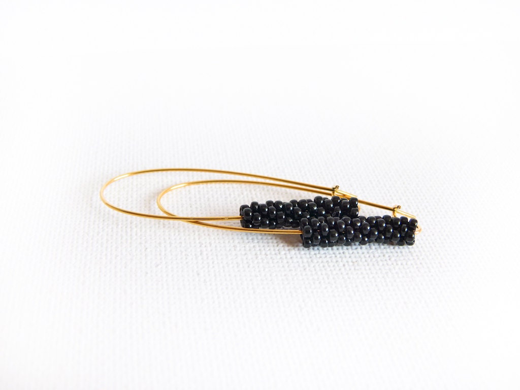 Black gold long dangle earrings Minimalist modern beaded beads fashion jewelry