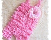 Pink Lace Ruffle Romper - Petti Romper -  Photo Prop - Rhinestone Flower Romper