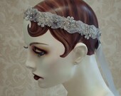 Silver Grey Lace Hair Wreath,  Flapper Style, 1920s Bridal Hair Accessory, Crystal And Rhinestone Bridal Sash, Weddings, Bridal Headband