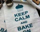 Keep Calm and Bake On Flour Sack Tea Towel Retro Cotton Dish Cloth Kitsch Cupcake Teal