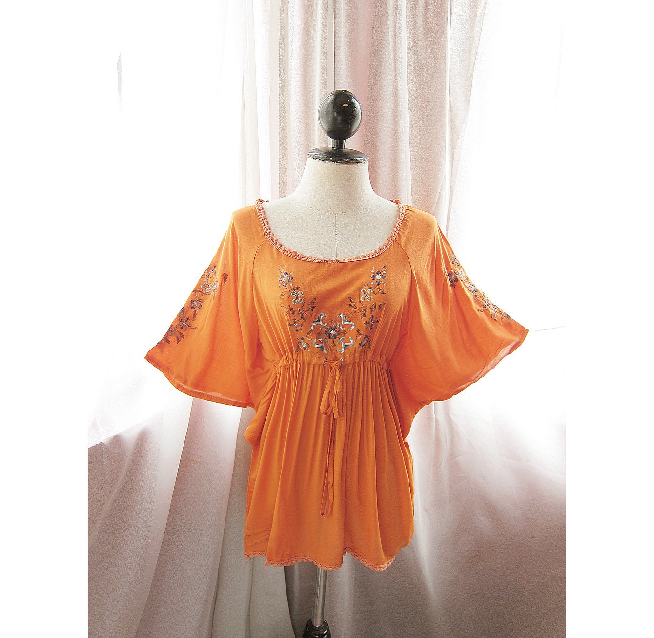 Rustic Pumpkin Burnt Orange Spring Summer Aztec Embroidered Spanish Peasant Gypsy Cotton Kaftan Kimono Bohemian Butterfly Wings Caftan