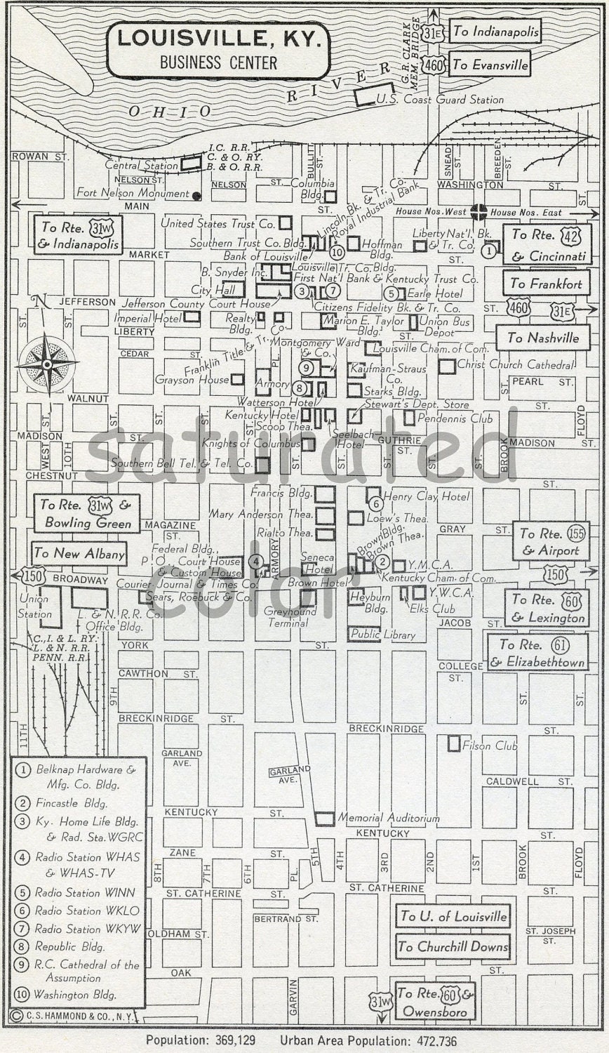 Louisville, KY Kentucky map - Vintage 1950s Original Heart of Louisville - Wonderful Old  Landmarks & Details