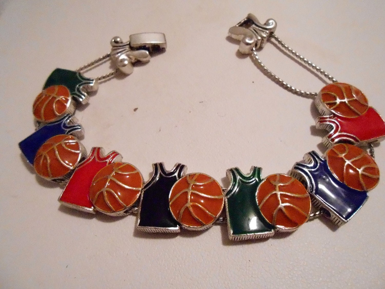 Vintage bracelet, "basketball and jersey" slide bracelet, 1980s bracelet, sports bracelet, enamel slide bracelet, vintage jewelry